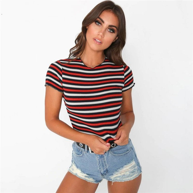 Striped O-Neck Short Sleeve Casual Streetwear Base T-Shirts Mssza