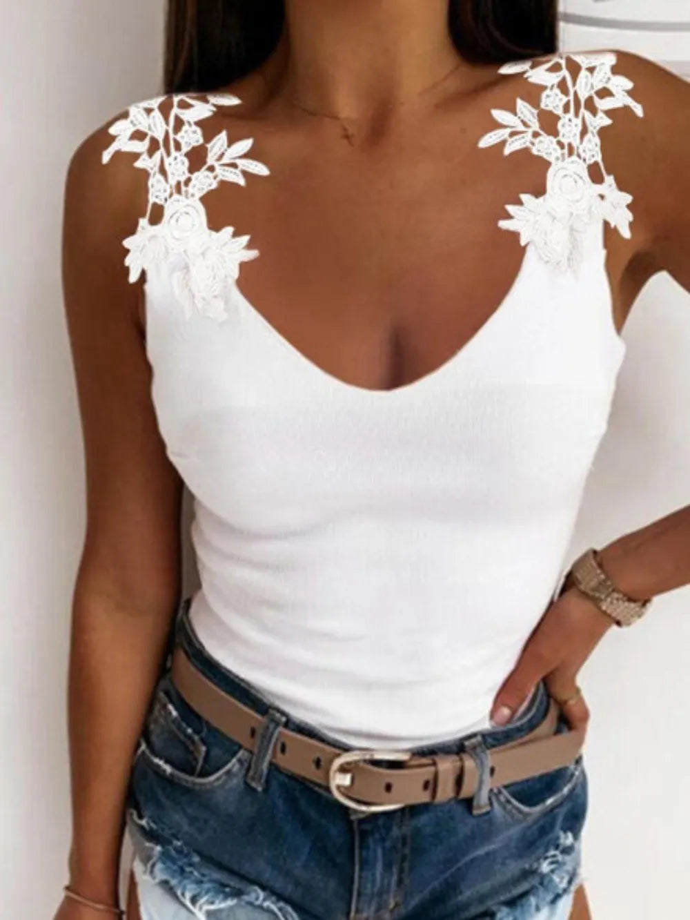 Stylish Sleeveless Top Lace Detail Scoop Neck Tank Top Mssza