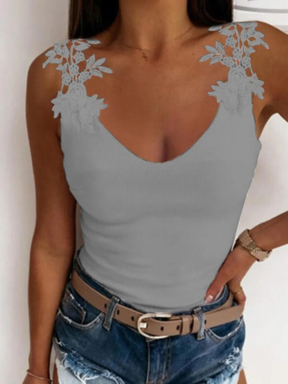 Stylish Sleeveless Top Lace Detail Scoop Neck Tank Top Mssza
