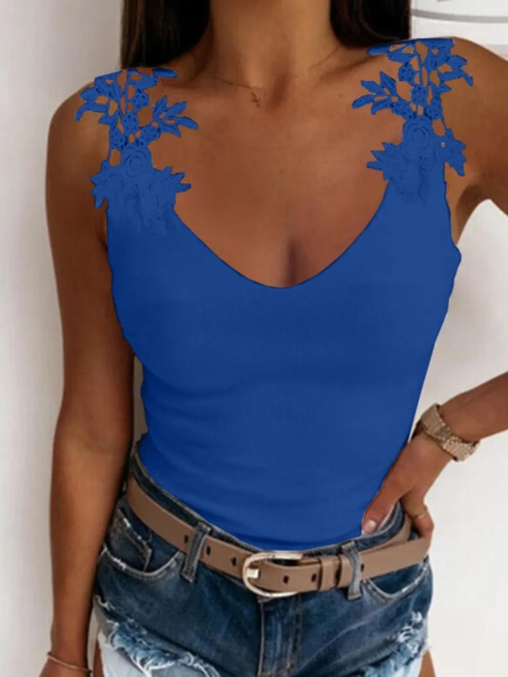 Stylish Sleeveless Top Lace Detail Scoop Neck Tank Top Mssza