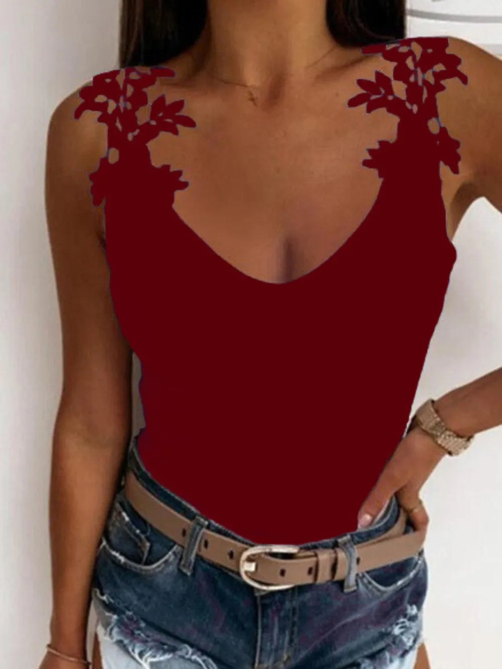 Stylish Sleeveless Top Lace Detail Scoop Neck Tank Top Mssza