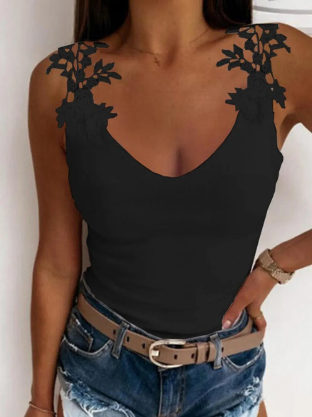 Stylish Sleeveless Top Lace Detail Scoop Neck Tank Top Mssza
