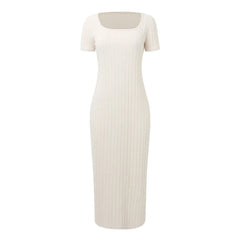 Square Neck Knit Side Slit    Bodycon Sun Casual Short Sleeve Midi Dress Mssaz Desses