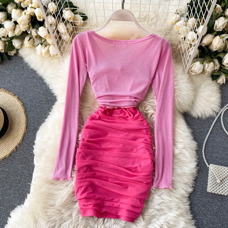 Two Pieces Set Short Tops+Off Shoulder Strap Dress Mssza