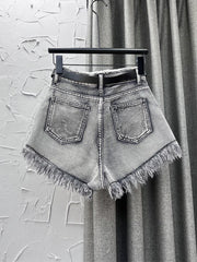 Denim Shorts Tassel Spliced High Waist Multiple Pockets Wide Leg Short Jeans Mssza