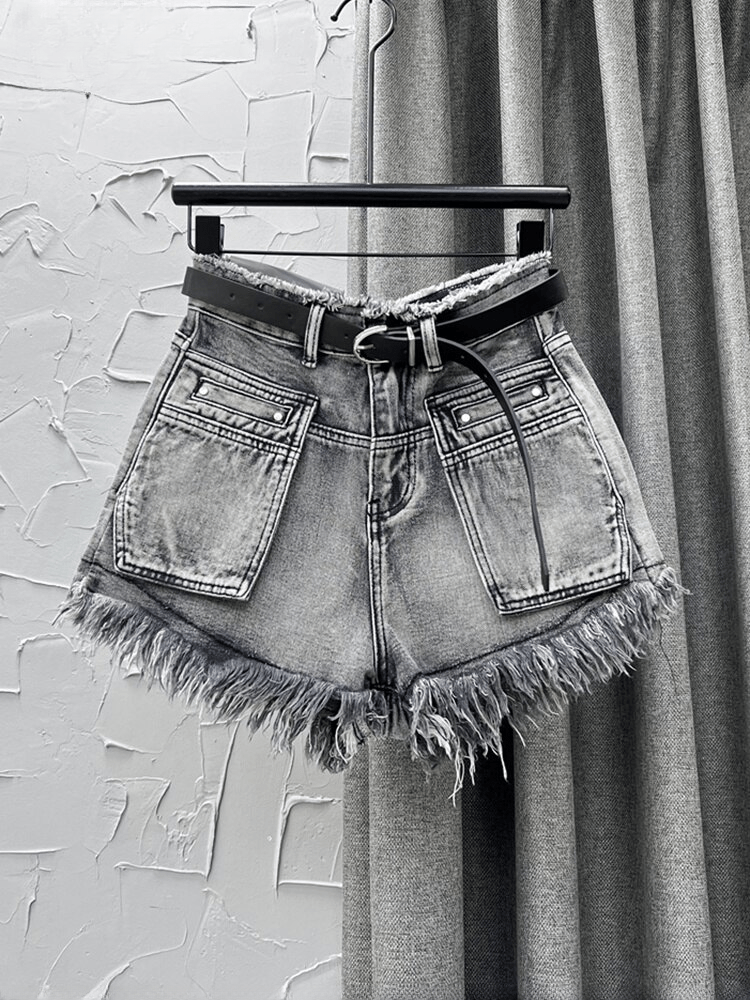 Denim Shorts Tassel Spliced High Waist Multiple Pockets Wide Leg Short Jeans Mssza
