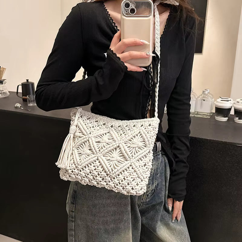 Woven Hollow Out Crossbody Beach Travel Tassel Messenger Bags Mssza
