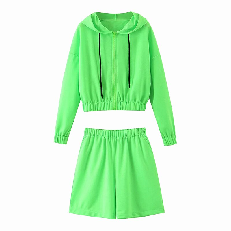 Zipper Crop Top With Elastic Waist Shorts Mssza