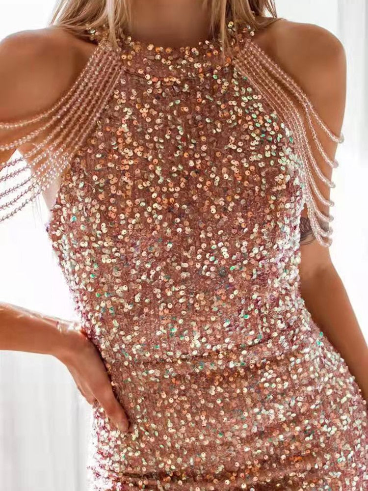 Neck Hanging  Crystal Fringe Sequin Dress Mssaz Desses