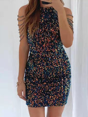 Neck Hanging  Crystal Fringe Sequin Dress Mssaz Desses