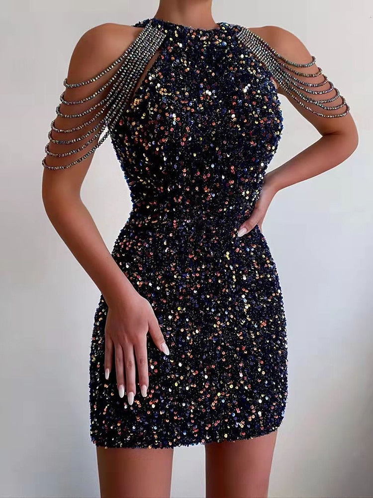 Neck Hanging  Crystal Fringe Sequin Dress Mssaz Desses