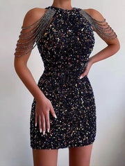 Neck Hanging  Crystal Fringe Sequin Dress Mssaz Desses