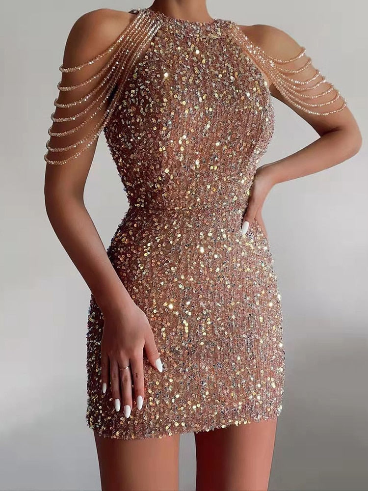 Neck Hanging  Crystal Fringe Sequin Dress Mssaz Desses