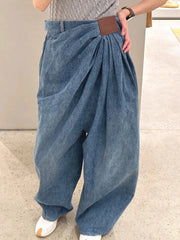 Fashionable Pleated Design Loose Floor Length Wide Leg Denim Pants Mssza
