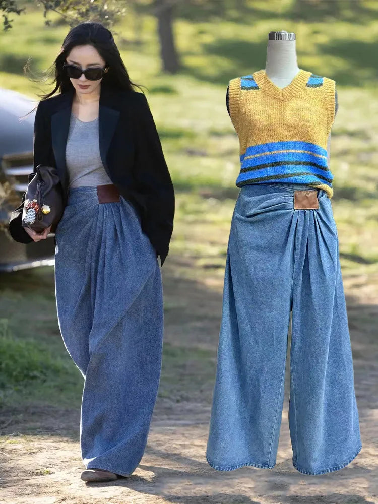 Fashionable Pleated Design Loose Floor Length Wide Leg Denim Pants Mssza