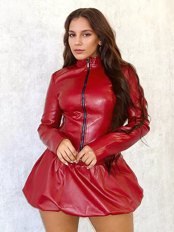 Faux Leather Long Sleeve Jacket And Bubble Skirt Night Out Two Piece Set Mssza