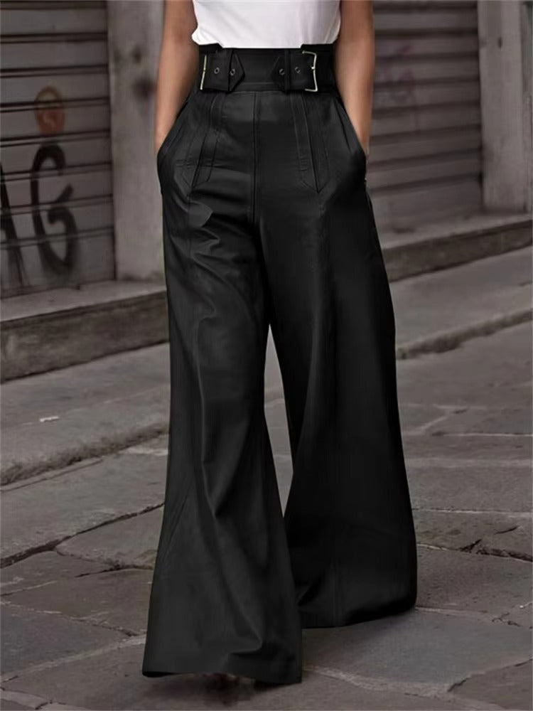 Faux Pu High Waisted Loose Pleated Pockets Streetwear Wide Leg Trousers Mssza