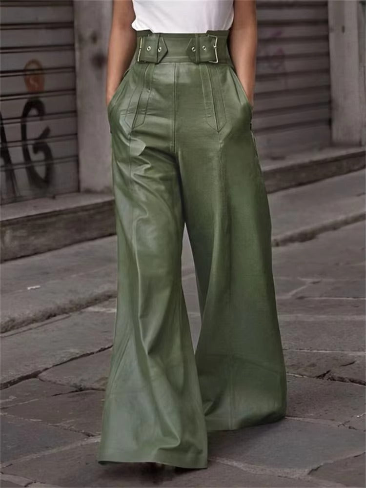 Faux Pu High Waisted Loose Pleated Pockets Streetwear Wide Leg Trousers Mssza