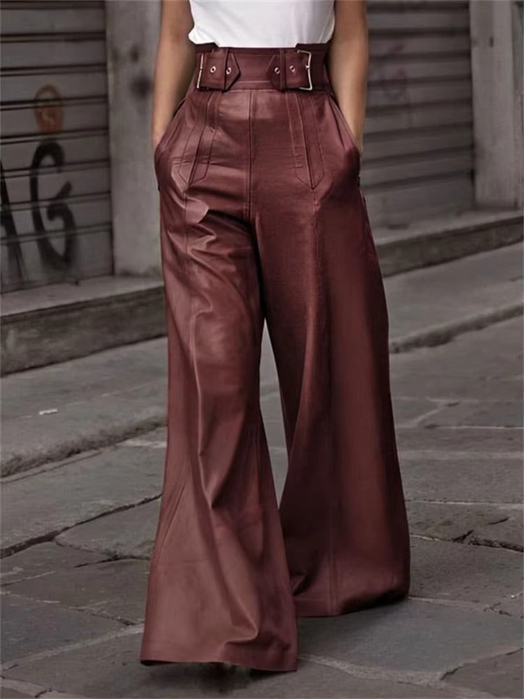 Faux Pu High Waisted Loose Pleated Pockets Streetwear Wide Leg Trousers Mssza