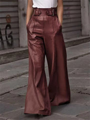 Faux Pu High Waisted Loose Pleated Pockets Streetwear Wide Leg Trousers Mssza