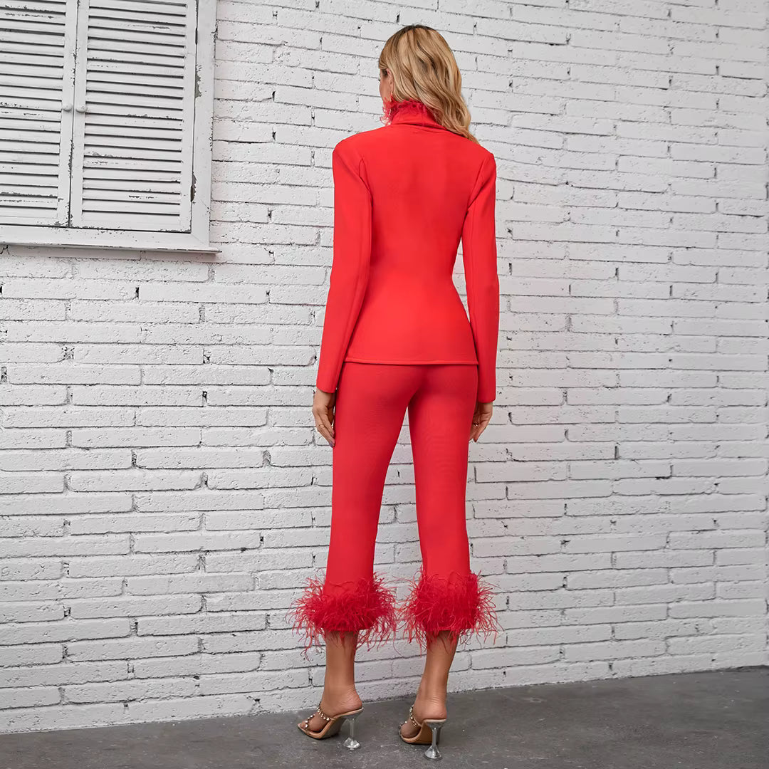 Feathers Long Sleeve Tops Blazer Straight Pants Suits Evening Party Two Piece Set Mssza