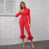 Feathers Long Sleeve Tops Blazer Straight Pants Suits Evening Party Two Piece Set Mssza