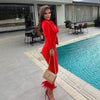 Feathers Long Sleeve Tops Blazer Straight Pants Suits Evening Party Two Piece Set Mssza