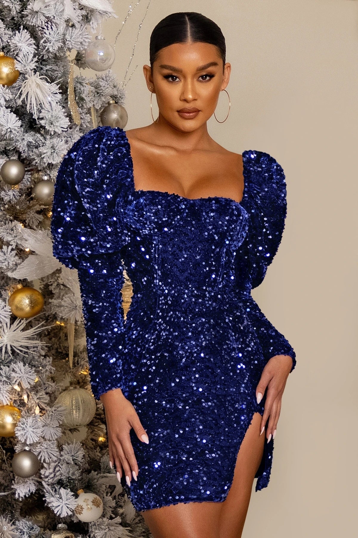 Solid Sequins Square Neck Puff Sleeve Club Mini Dress Mssaz Desses
