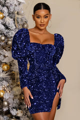 Solid Sequins Square Neck Puff Sleeve Club Mini Dress Mssaz Desses