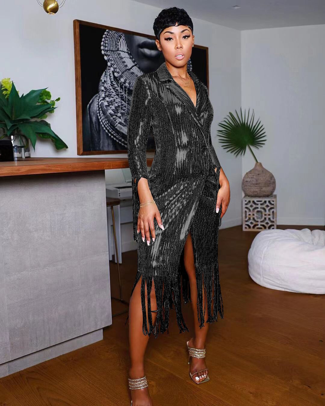 Solid Notched Tassel Sequin Decoration Knee Length Dress Mssaz Desses