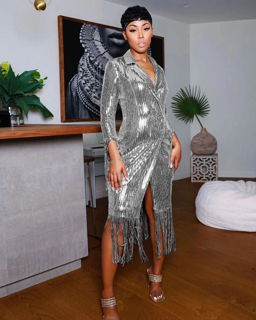 Solid Notched Tassel Sequin Decoration Knee Length Dress Mssaz Desses