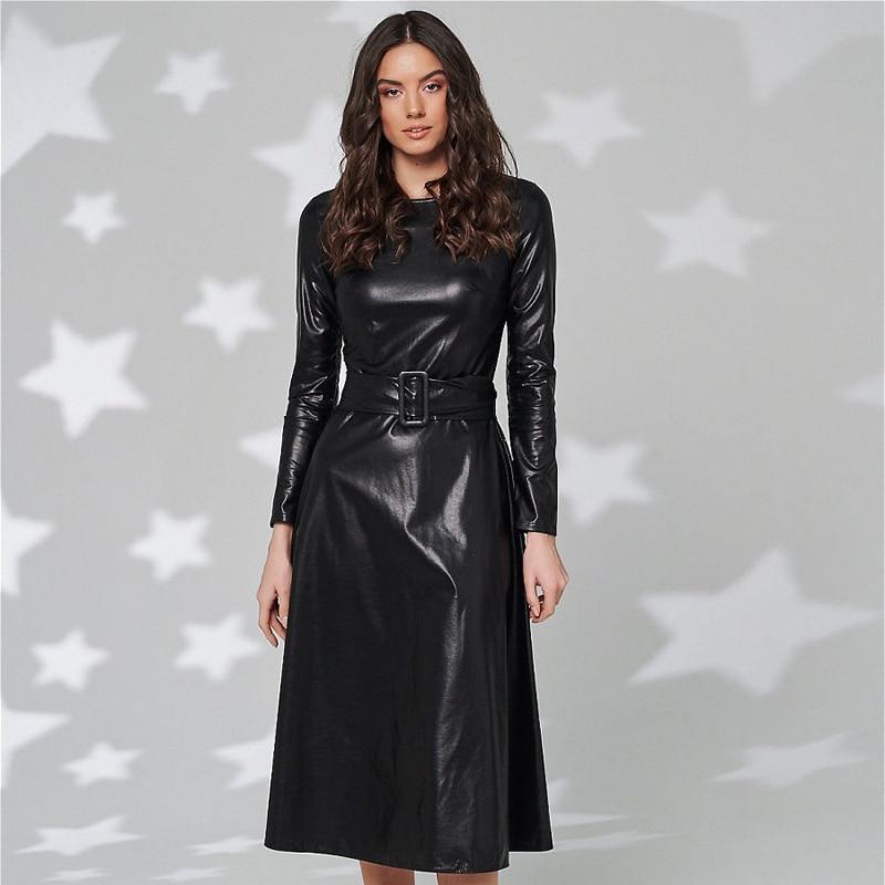Fit And Flare Winter Dress a Line Pockets Pu Leather Midi Dress Mssaz Desses