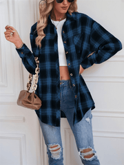 Plaid Shirt Loose Button Up Lapels Tops Casual Checkered Long Sleeve Blouse Mssza