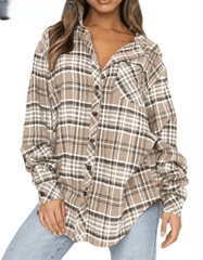 Plaid Shirt Loose Button Up Lapels Tops Casual Checkered Long Sleeve Blouse Mssza