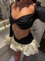 Flare Long Sleeve Top Contrast Mini Skirt Two Piece Set Mssza