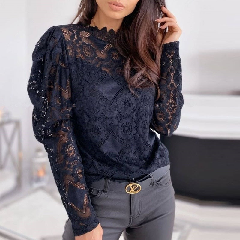 Flare Long Sleeve Lace O-neck Elegant Street Wear Blouse Mssza