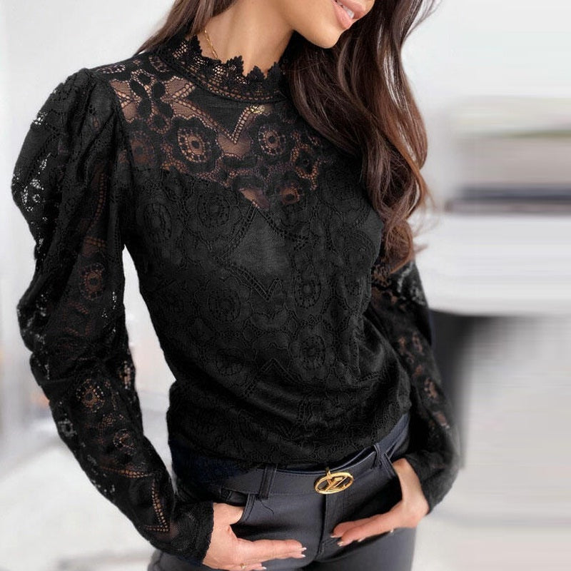 Flare Long Sleeve Lace O-neck Elegant Street Wear Blouse Mssza