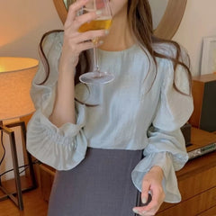 Flare Sleeve Full Femininas Thin Temperament Perspective Chiffon Shirt Mssza