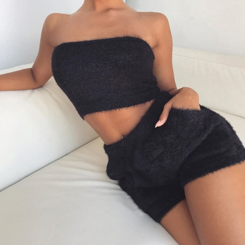 Fleece Strapless Crop Top & Shorts Mssza