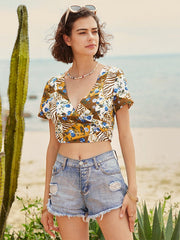 Floral Bohemian Print Tie Wrap Short Sleeve Crop Top Mssza