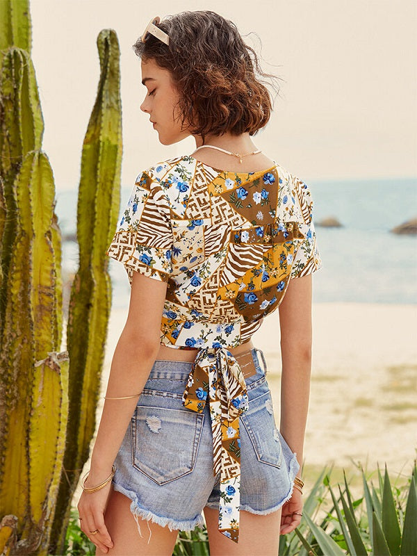 Floral Bohemian Print Tie Wrap Short Sleeve Crop Top Mssza