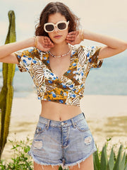 Floral Bohemian Print Tie Wrap Short Sleeve Crop Top Mssza