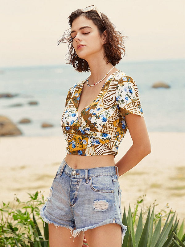 Floral Bohemian Print Tie Wrap Short Sleeve Crop Top Mssza