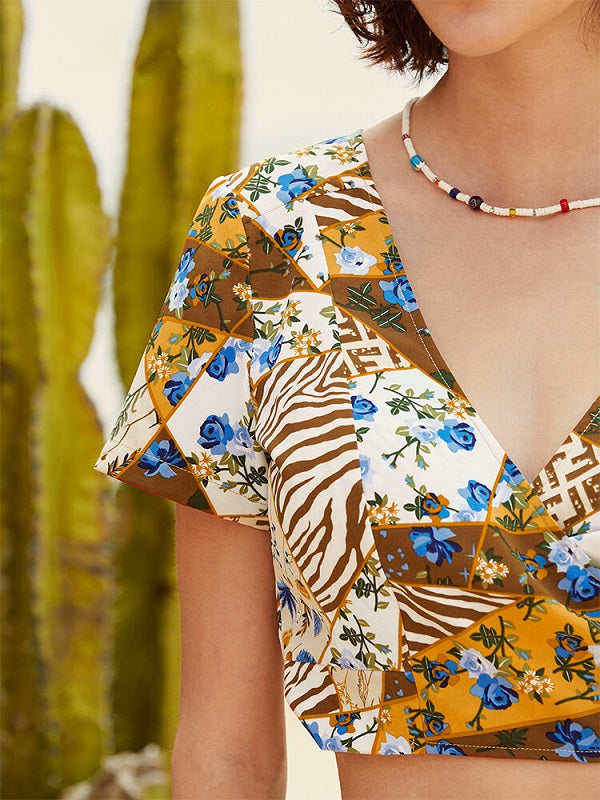 Floral Bohemian Print Tie Wrap Short Sleeve Crop Top Mssza