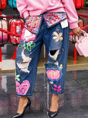 Floral Embroidery Diamonds Beaded Holes High Waist Loose Denim Pants Mssza