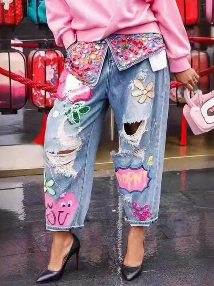 Floral Embroidery Diamonds Beaded Holes High Waist Loose Denim Pants Mssza