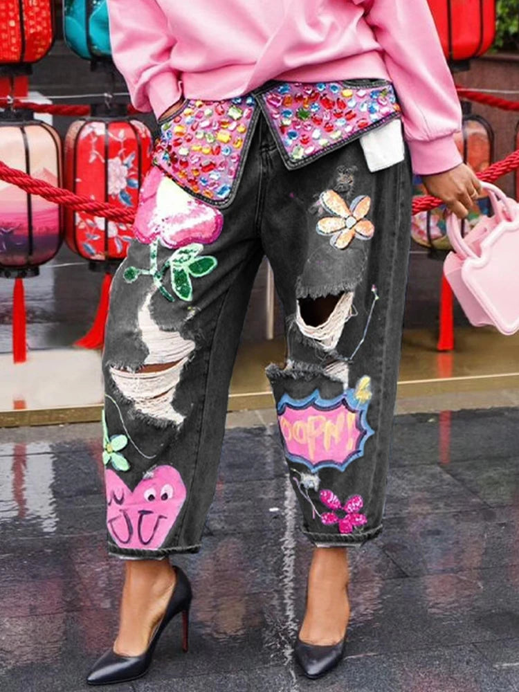Floral Embroidery Diamonds Beaded Holes High Waist Loose Denim Pants Mssza