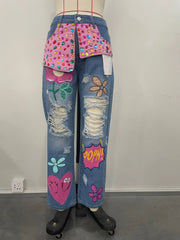 Floral Embroidery Diamonds Beaded Holes High Waist Loose Denim Pants Mssza