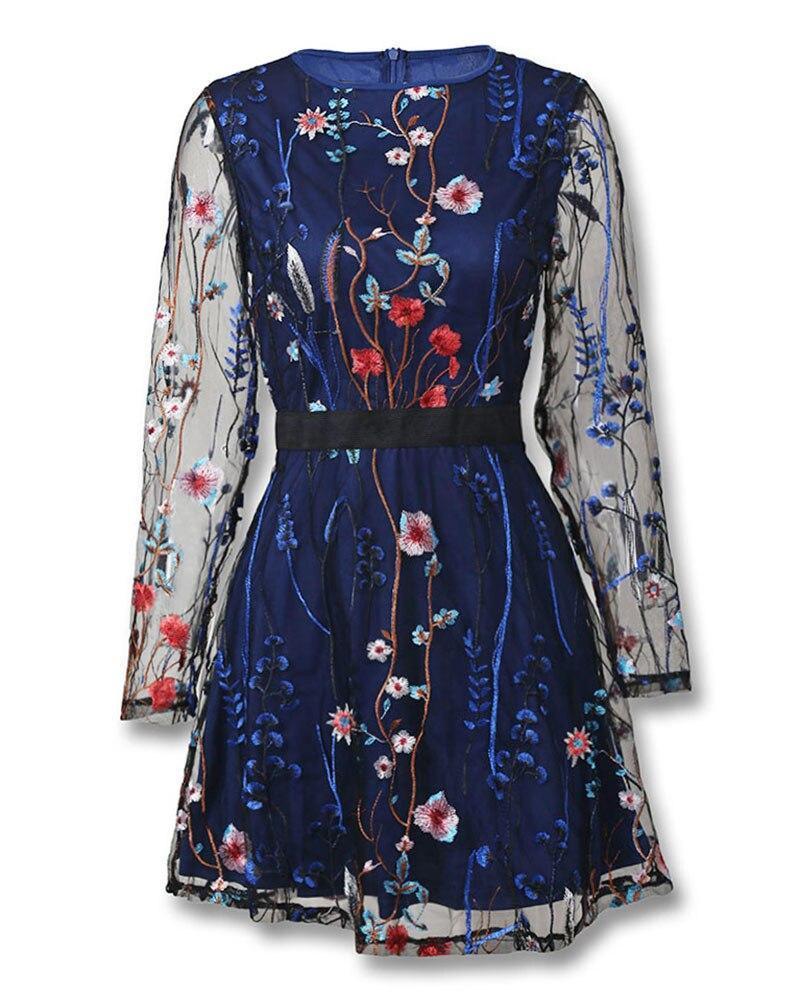 Floral Embroidery Mesh Sleeve Mini Dress Mssaz Desses