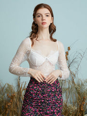 Floral Lace Hollow Open Back Long Sleeve Crop Top Mssza
